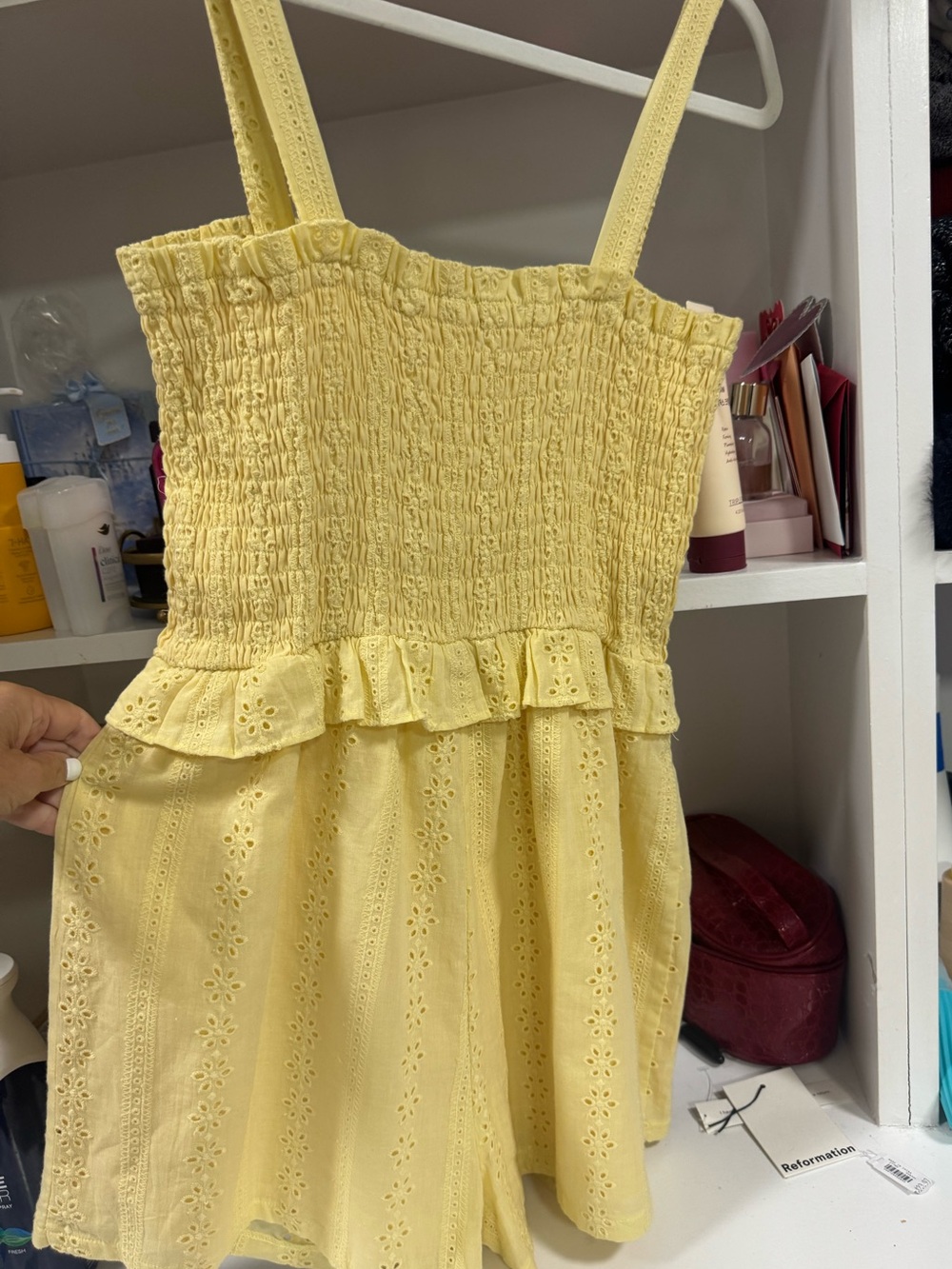 Lush Yellow Eyelet Smocked Cotton Romper Size M - Picture 4 of 7